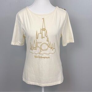 Walt Disney World 50th anniversary ivory gold castle embroidered top, medium.